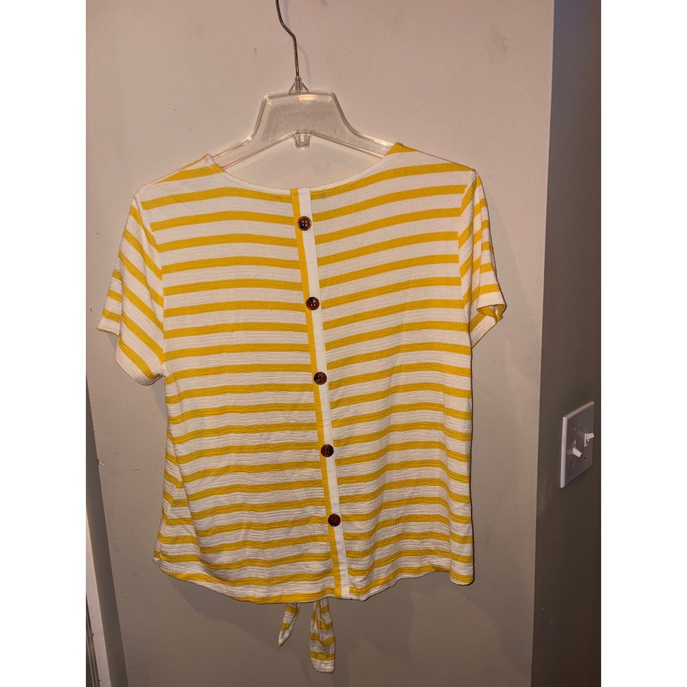 Marled Reunited Clothing Yellow White Striped Tie Front Button Back Top M NWOT